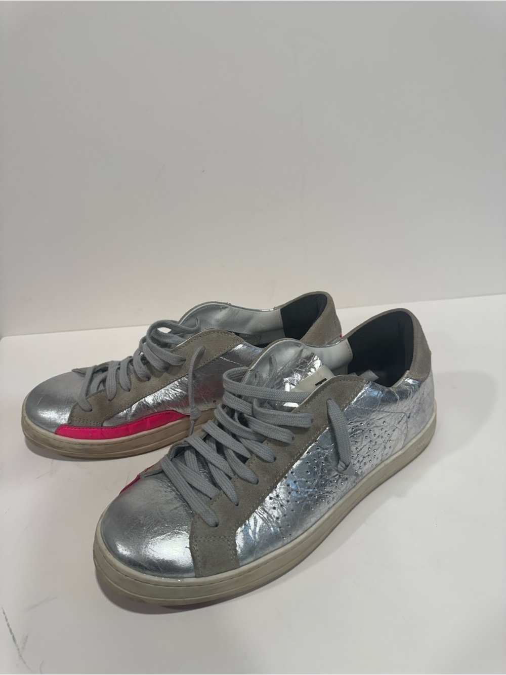 P448 John Metallic Silver Leather Sneakers Neon Pink Shoes Women’s EU 40 US 9